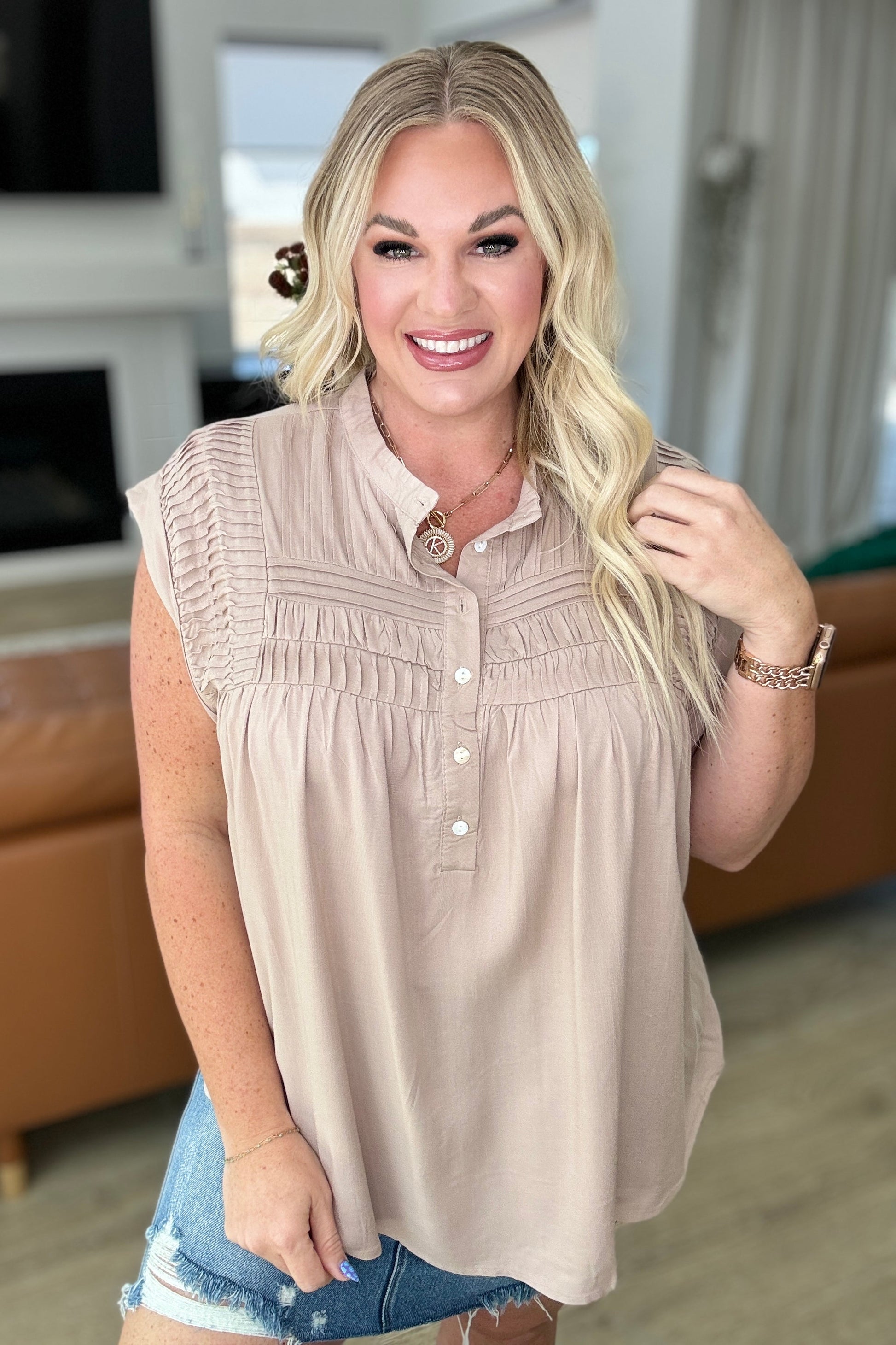 Pleat Detail Button Up Blouse in Taupe - Southern Divas Boutique