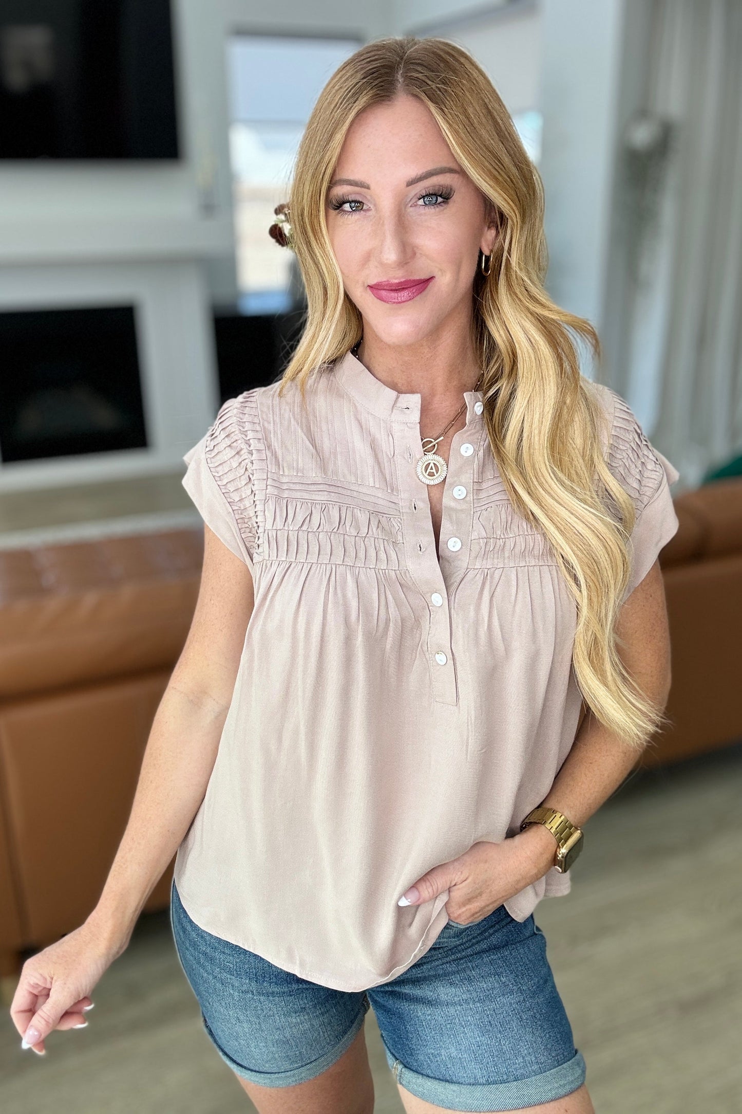 Pleat Detail Button Up Blouse in Taupe - Southern Divas Boutique
