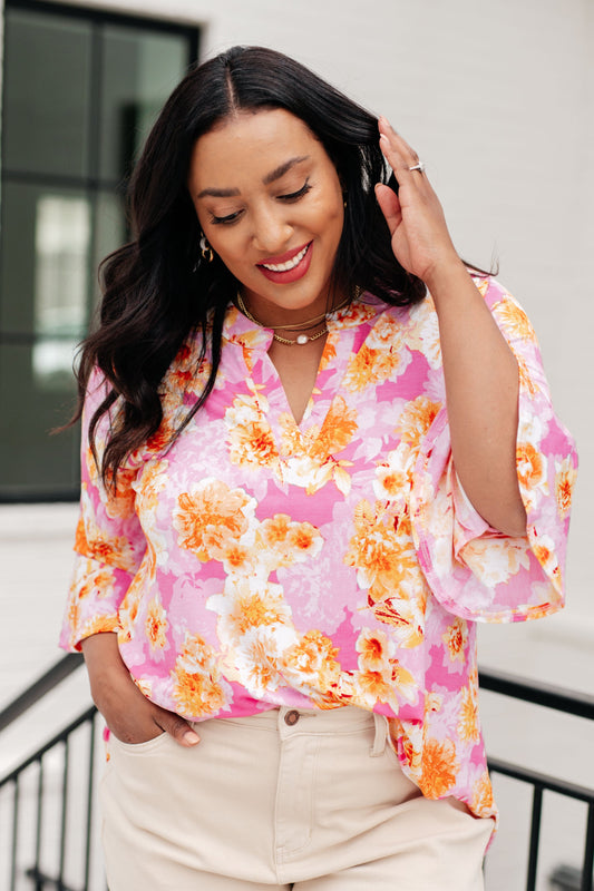 Lizzy Bell Sleeve Top in Pink and Gold Floral - Southern Divas Boutique