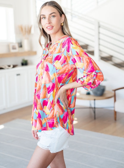 Elizabeth Top - Teal and Hot Pink Abstract Fans - Southern Divas Boutique