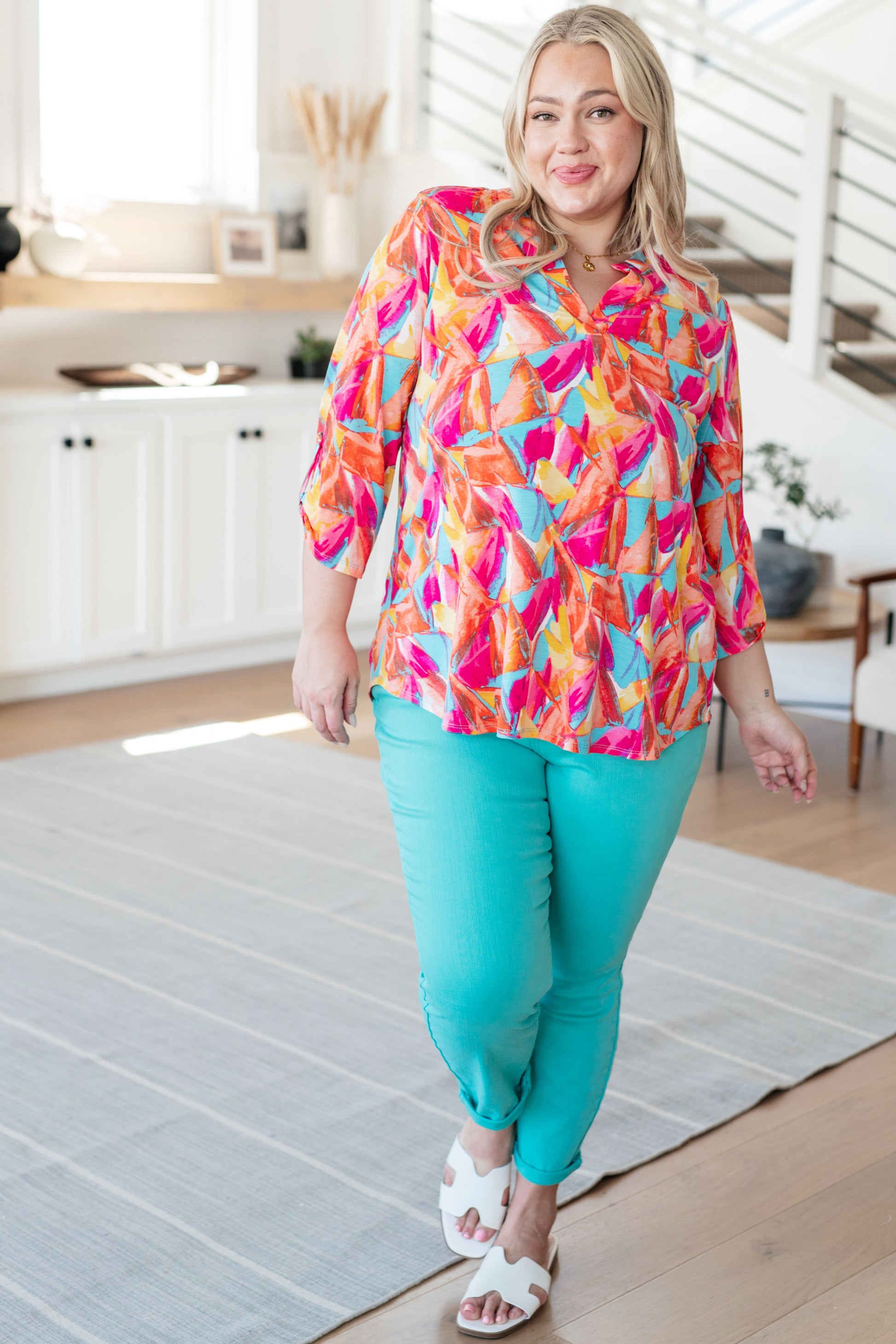 Elizabeth Top - Teal and Hot Pink Abstract Fans - Southern Divas Boutique