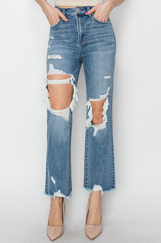 Chelsea High Rise Distressed Crop Straight Jeans