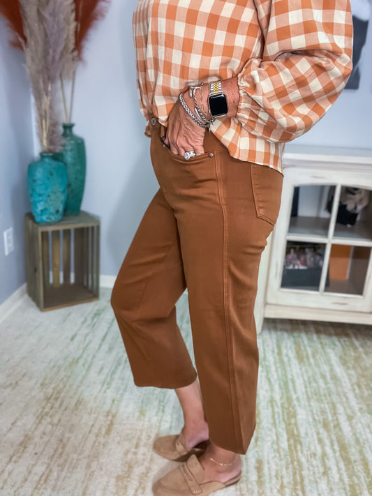 Briar Control Top Wide Leg Crop Jeans in Camel - Southern Divas Boutique