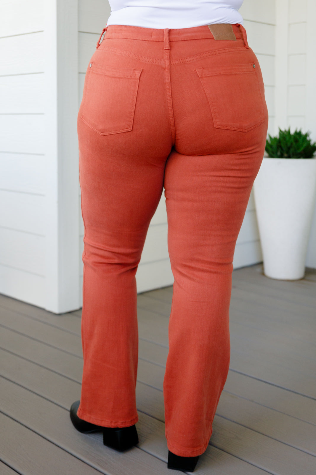 Autumn Mid Rise Slim Bootcut Jeans in Terracotta - Southern Divas Boutique