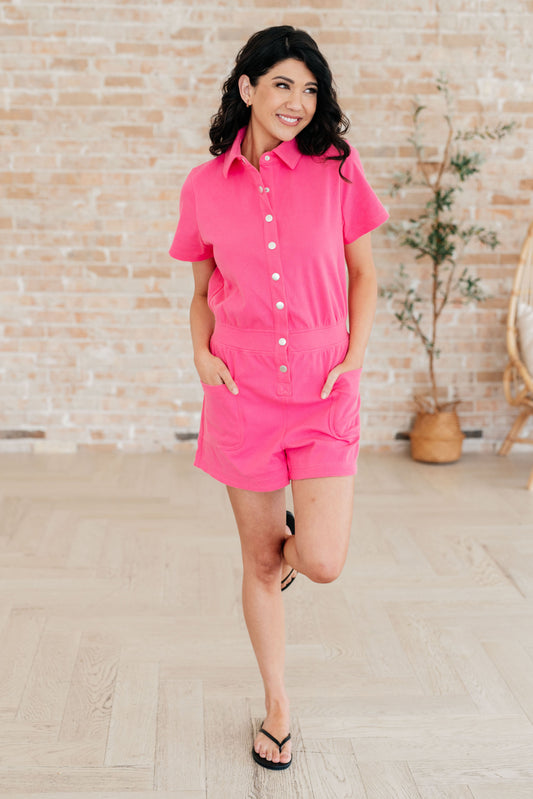 Break Point Collared Romper in Hot Pink - Southern Divas Boutique