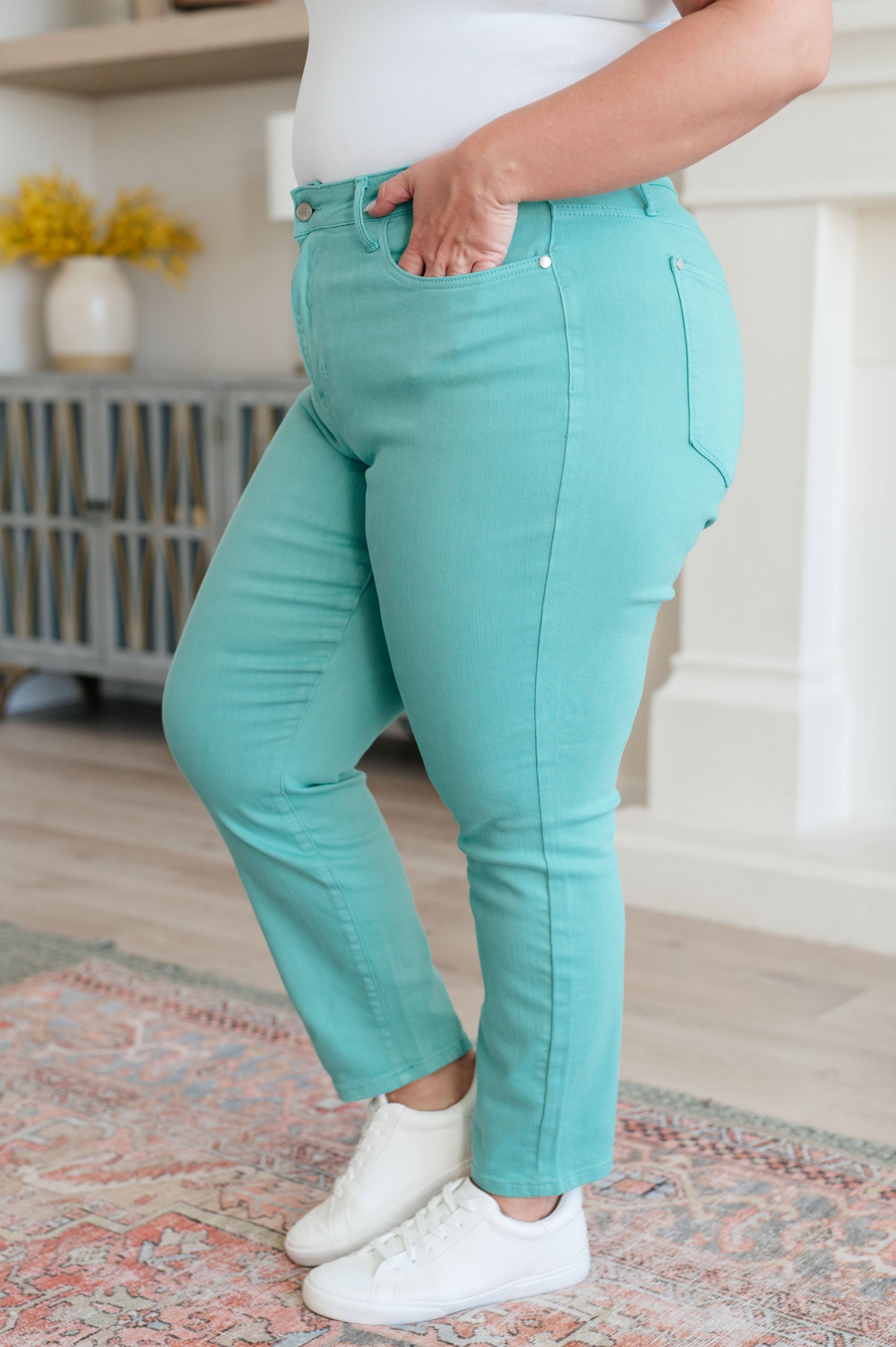 Bridgette High Rise Garment Dyed Slim Jeans in Aquamarine - Southern Divas Boutique