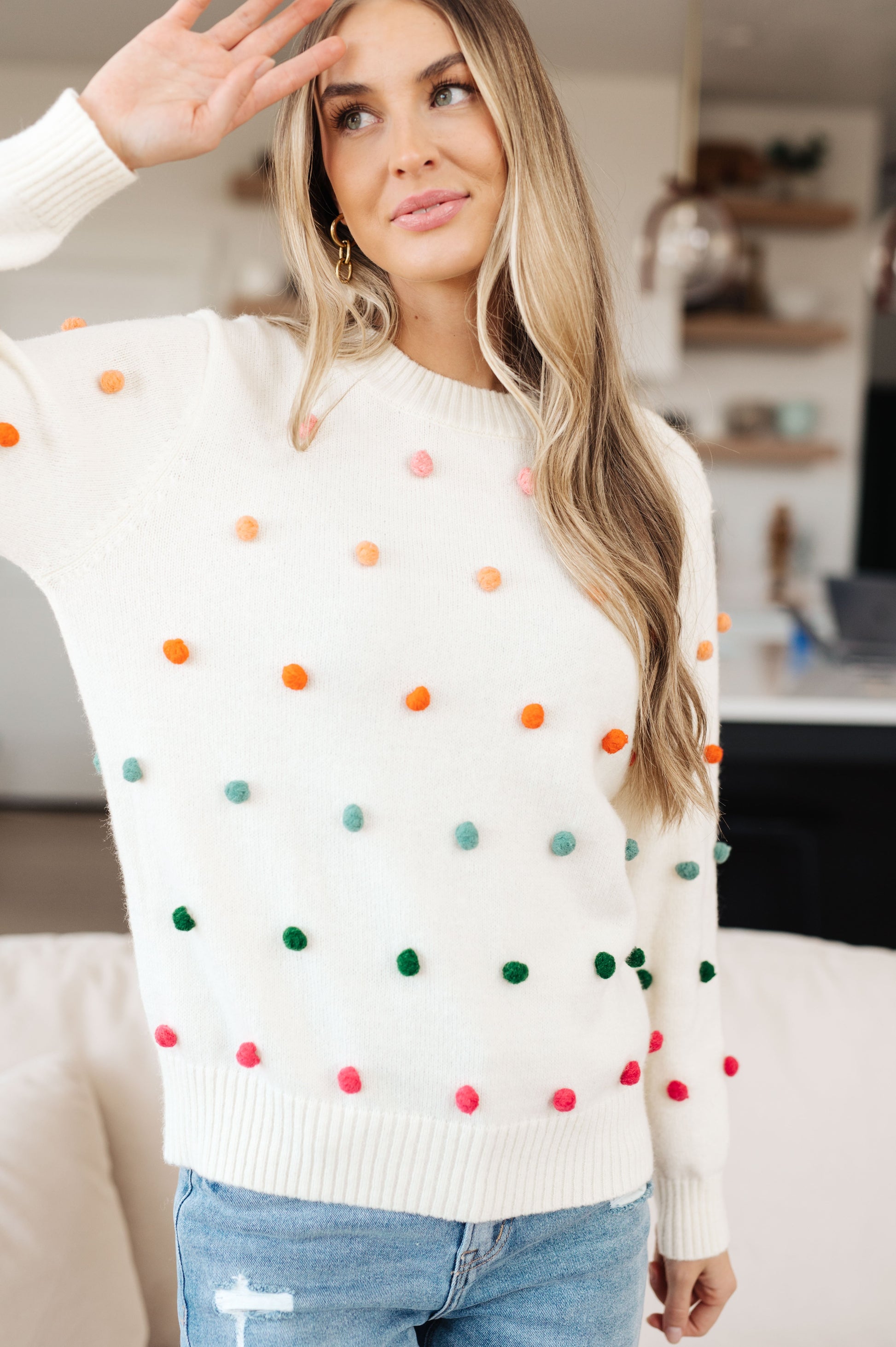 Candy Buttons Pom Detail Sweater - Southern Divas Boutique