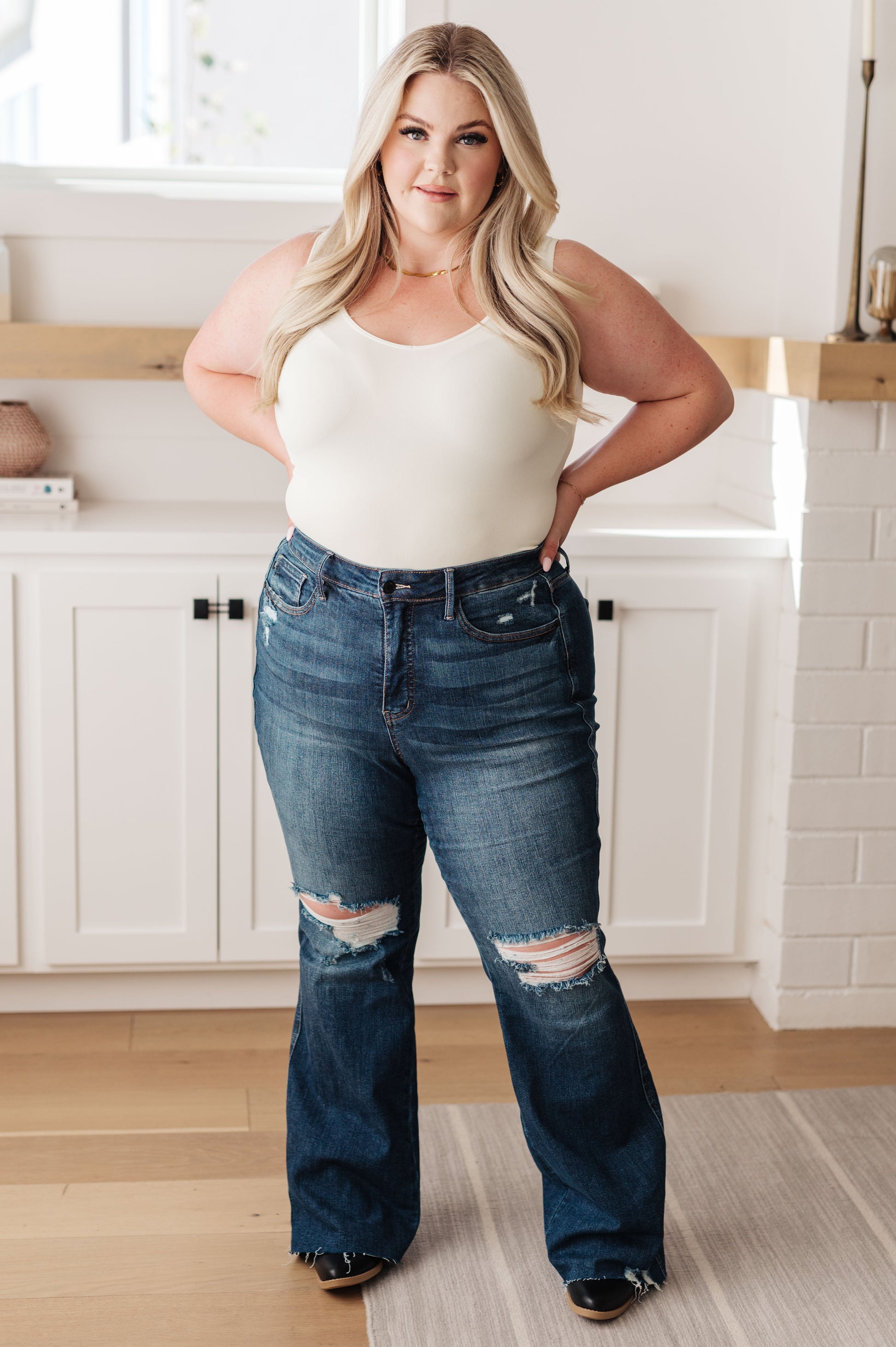 Cassandra High Rise Control Top Distressed Flare Jeans - Southern Divas Boutique