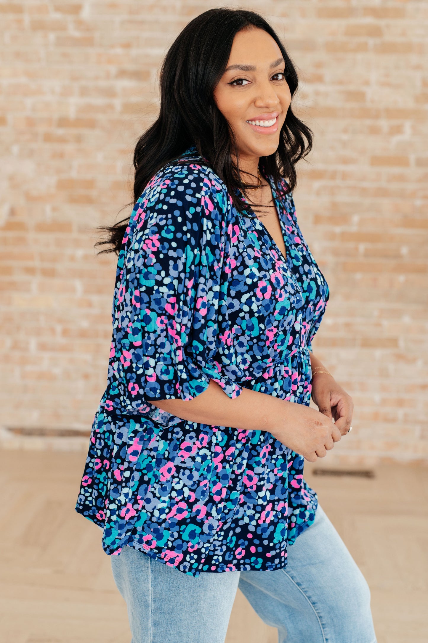Dreamer Peplum Top in Navy and Lavender Animal Print - Southern Divas Boutique