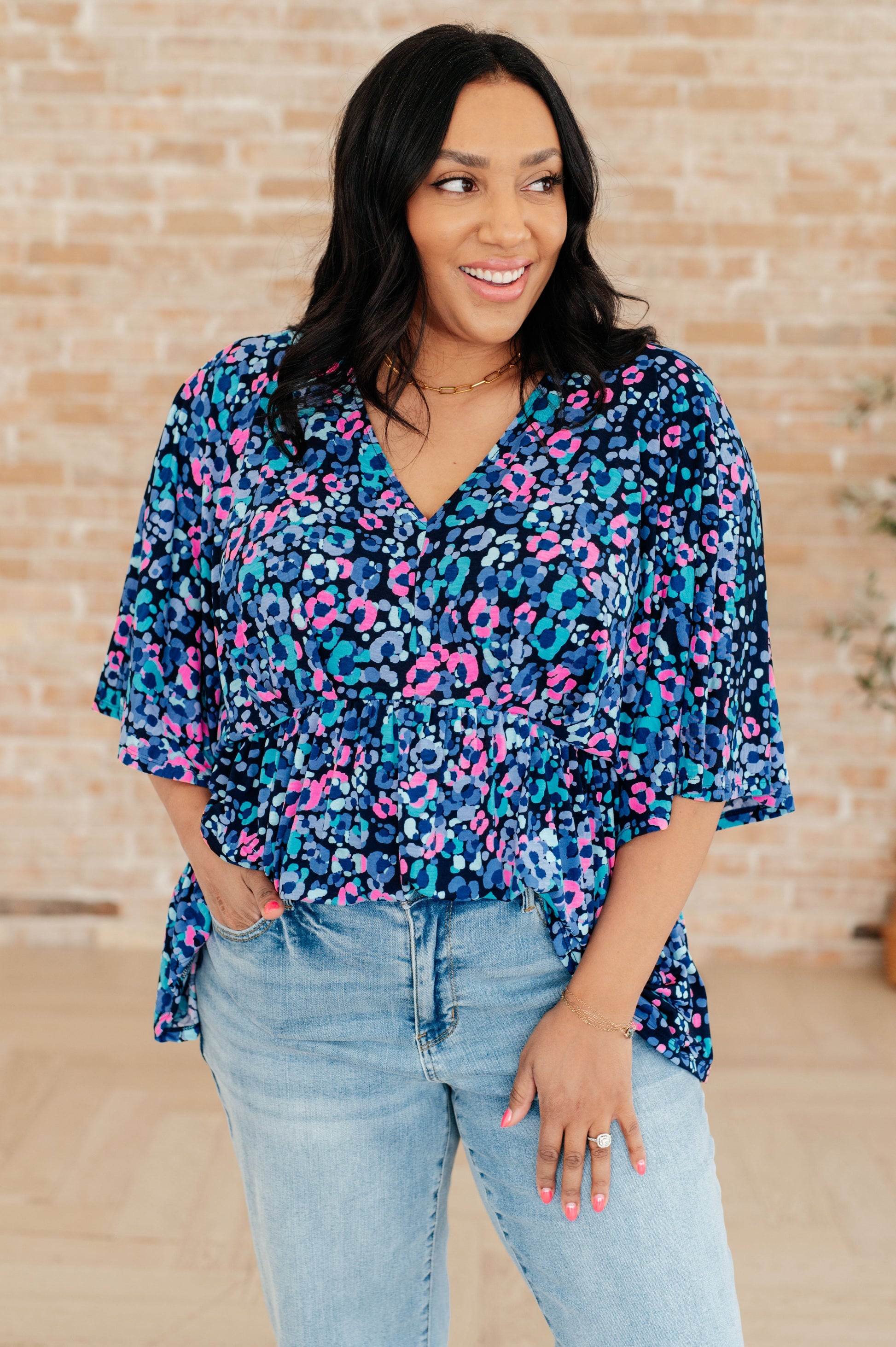 Dreamer Peplum Top in Navy and Lavender Animal Print - Southern Divas Boutique