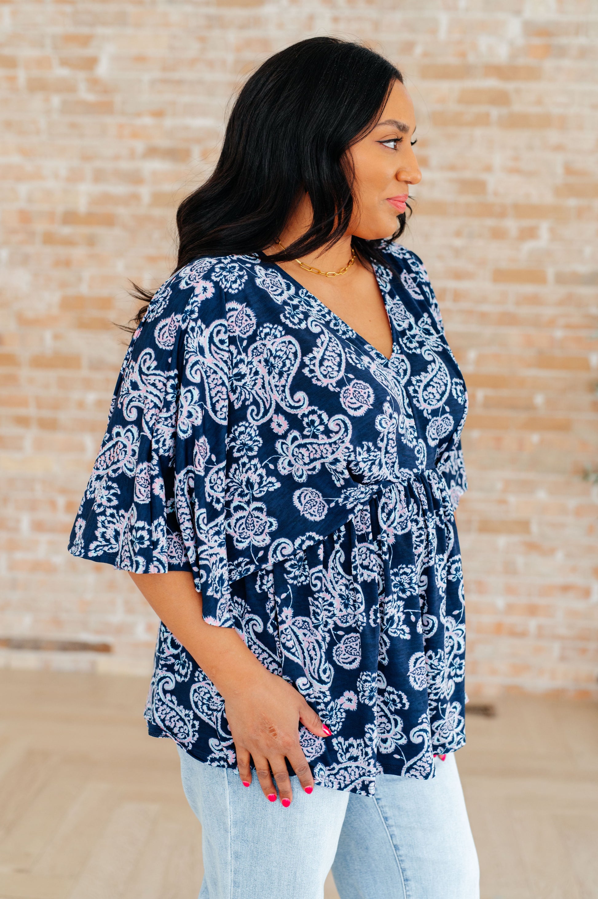 Dreamer Peplum Top in Navy and Pink Paisley - Southern Divas Boutique