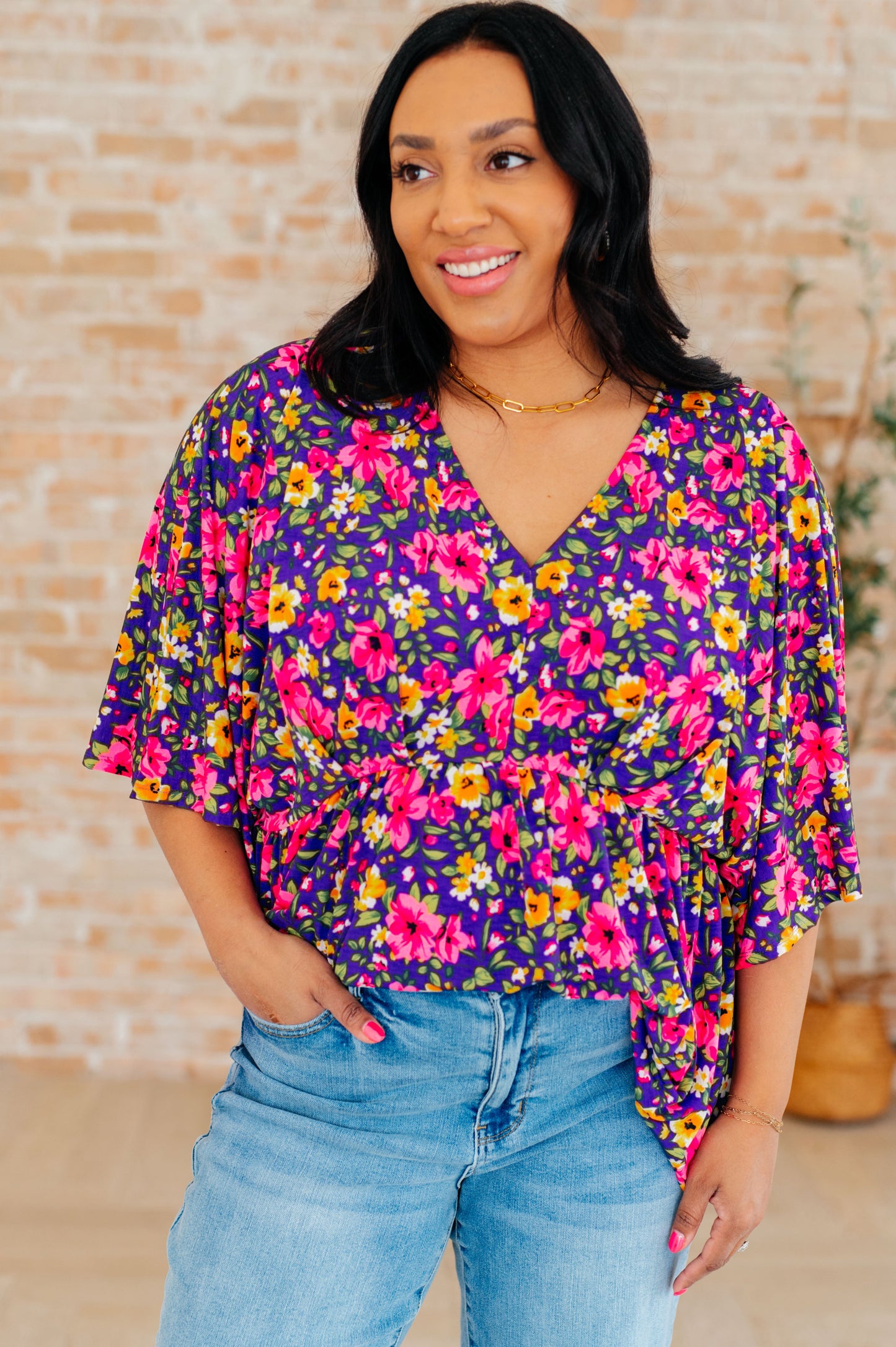 Dreamer Peplum Top in Purple and Pink Floral - Southern Divas Boutique