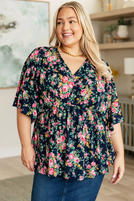 Dreamer Top in Navy and Pink Vintage Bouquet - Southern Divas Boutique