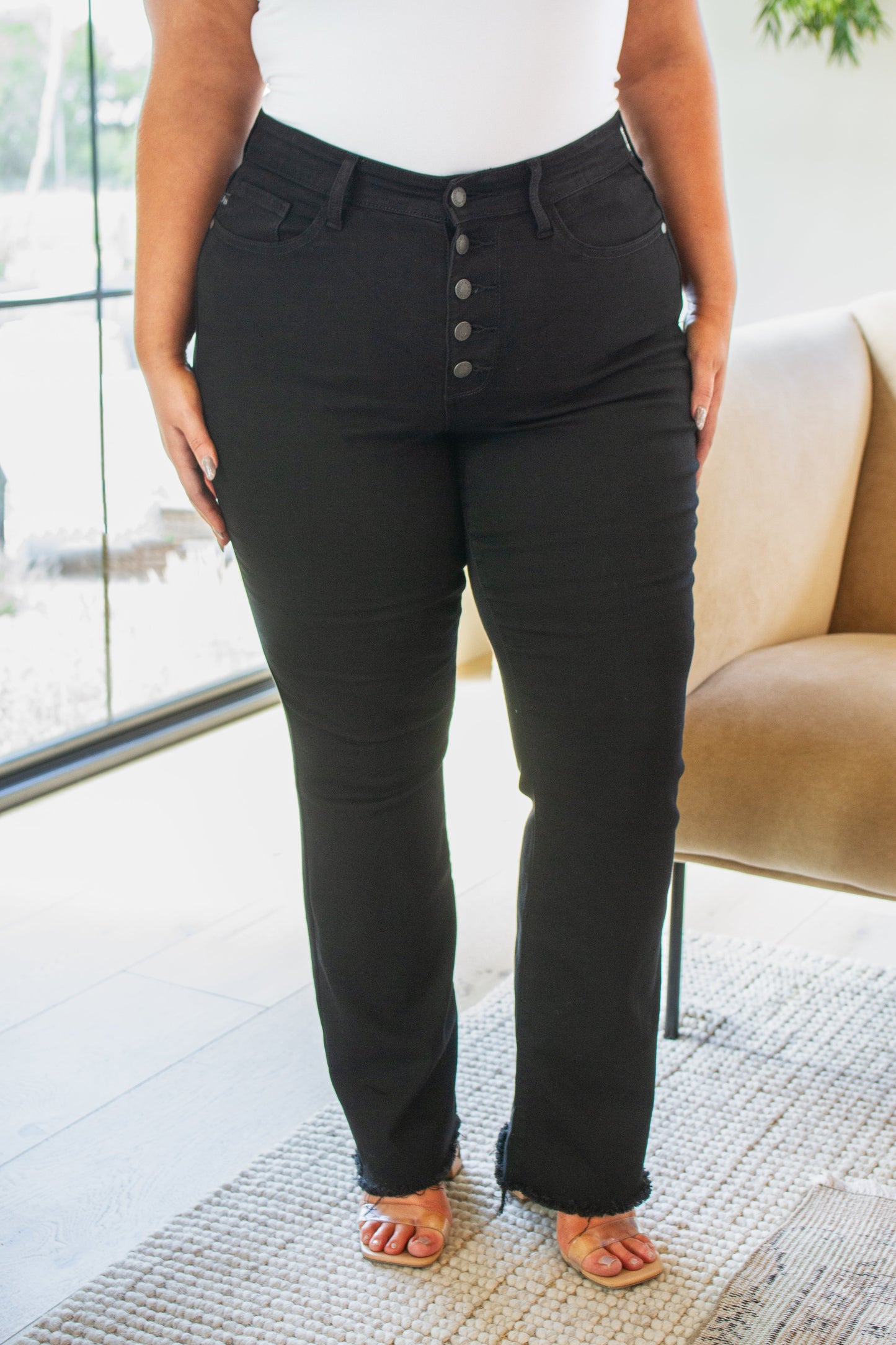 Harriet High Rise Button Fly Bootcut Jeans in Black - Southern Divas Boutique