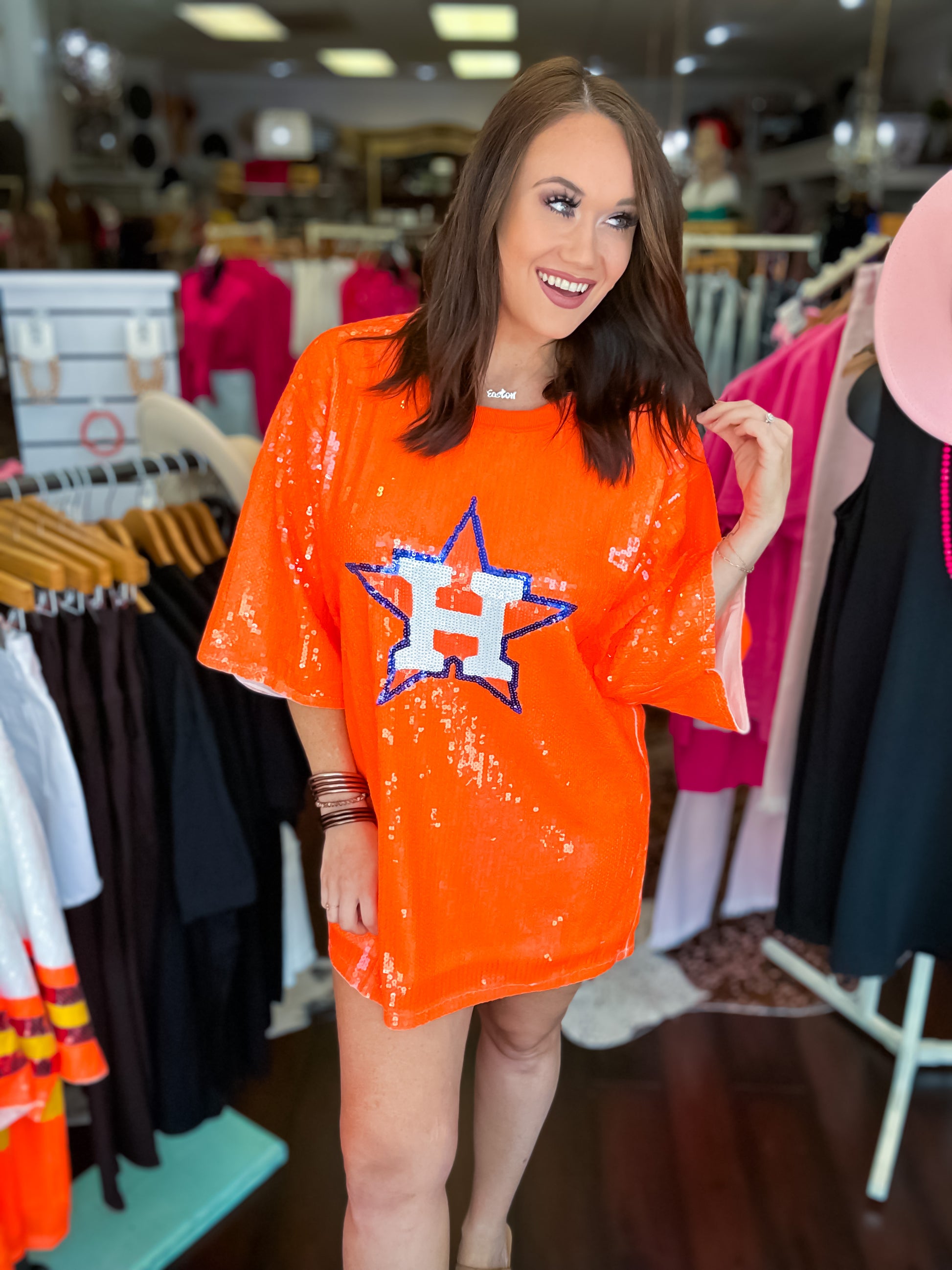 PREORDER* Houston Astros Sequin Dress Tunic - Neon Orange
