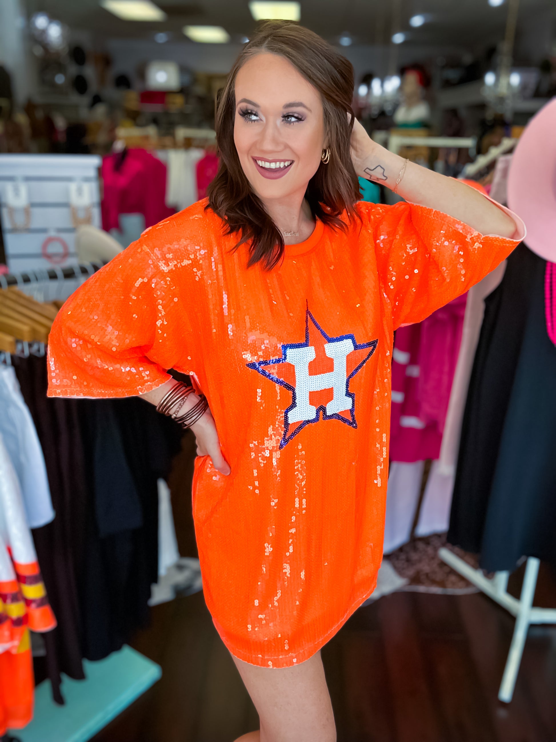 Houston Astros Sequin Dress Tunic - Neon Orange - Southern Divas Boutique