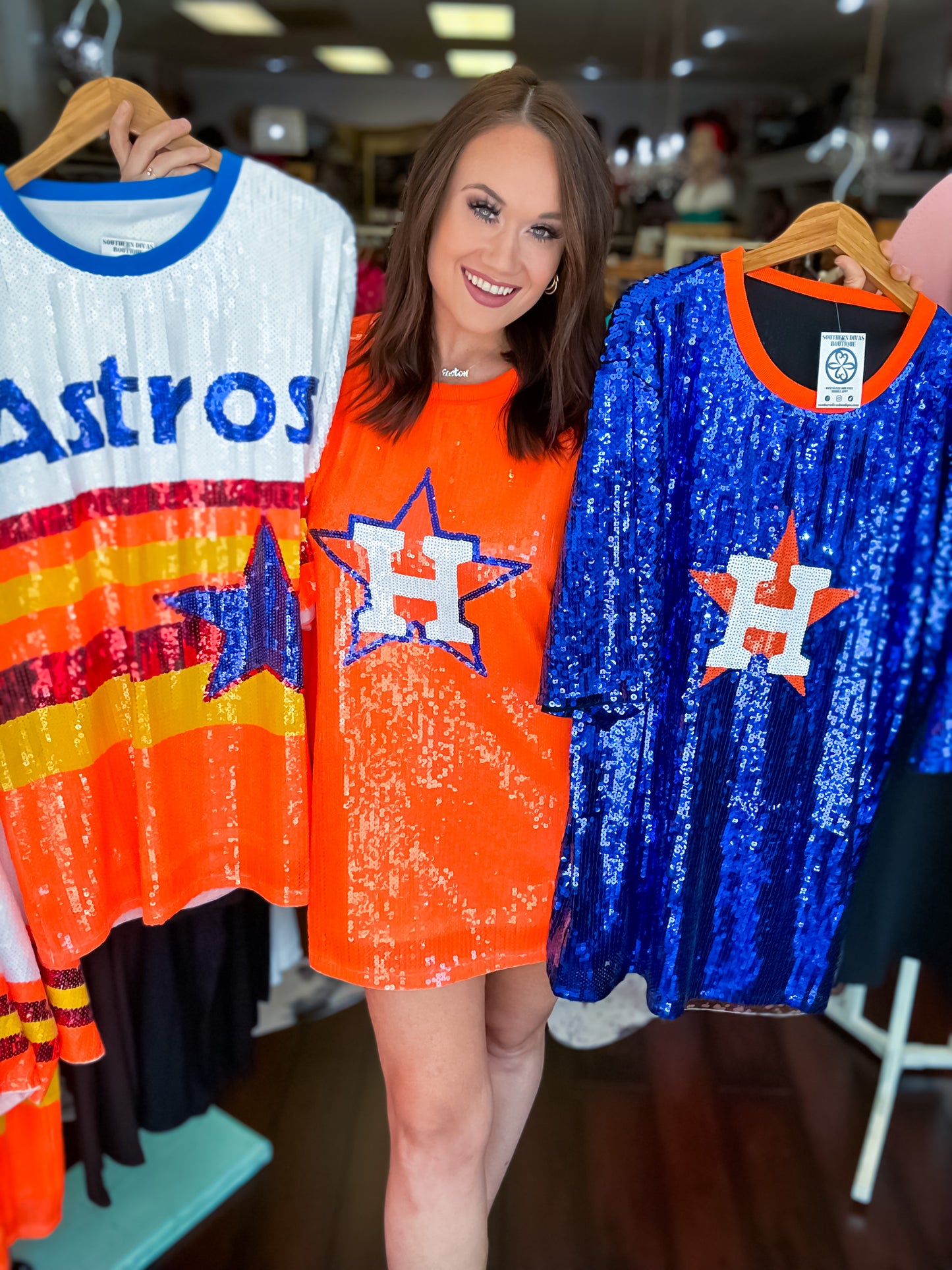 PREORDER* Houston Astros Sequin Dress Tunic - Neon Orange – Southern Divas  Boutique