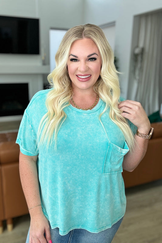 Mineral Wash Ribbed Round Neck Top in Turquoise - Southern Divas Boutique