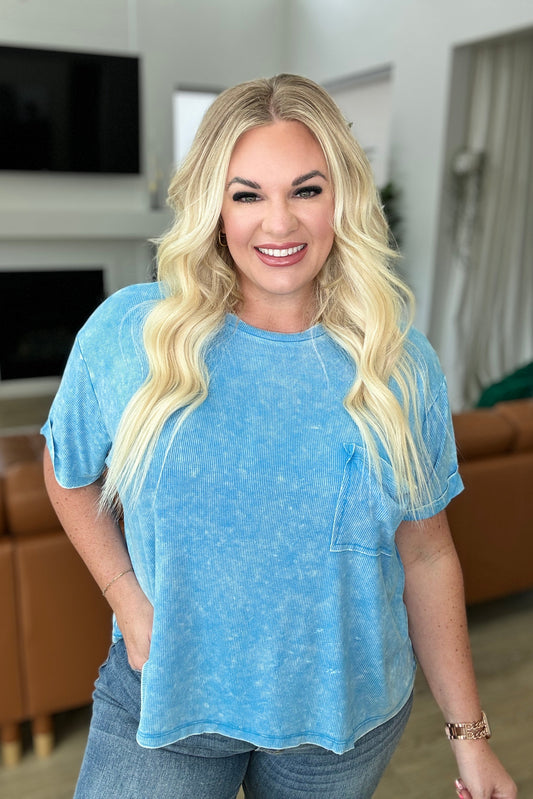 Mineral Wash Ribbed Round Neck Top in Sky Blue - Southern Divas Boutique