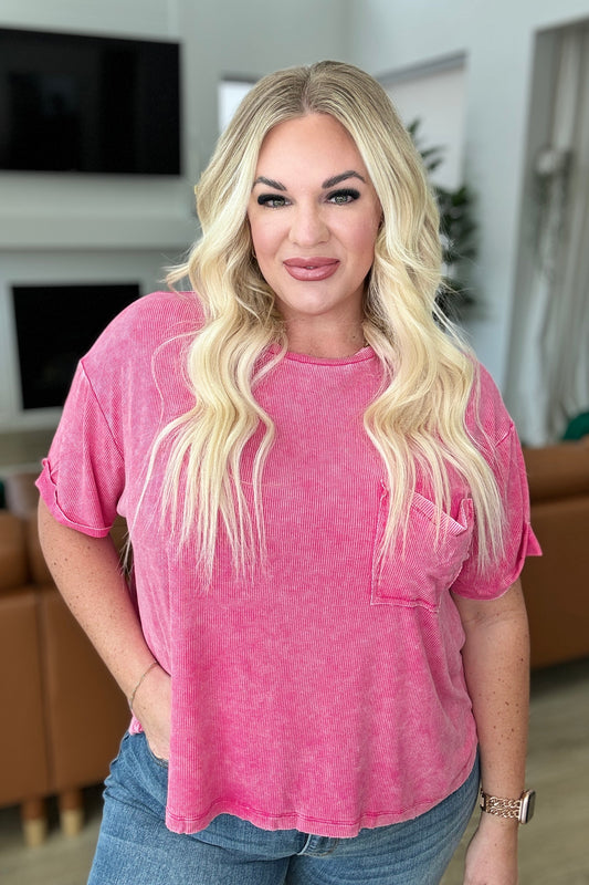 Mineral Wash Ribbed Round Neck Top in Hot Pink - Southern Divas Boutique