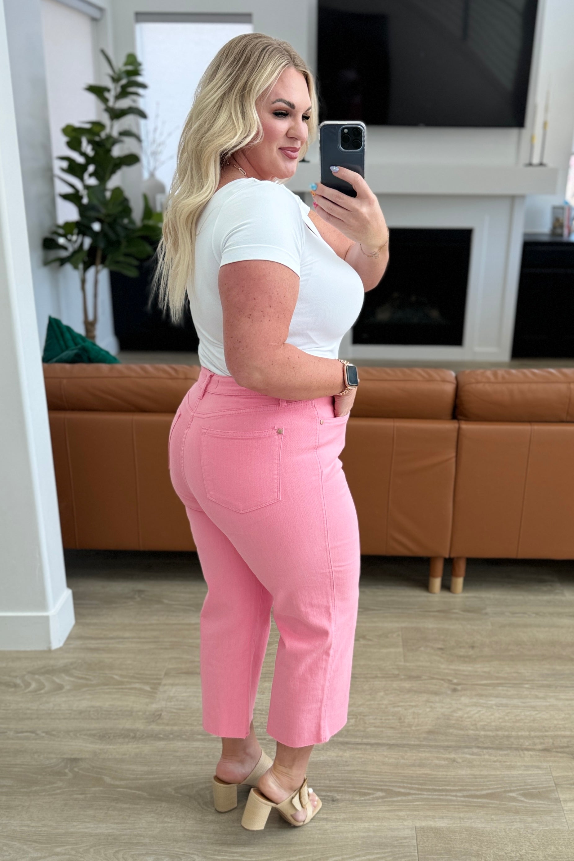 Lisa High Rise Control Top Wide Leg Crop Jeans in Pink - Southern Divas Boutique