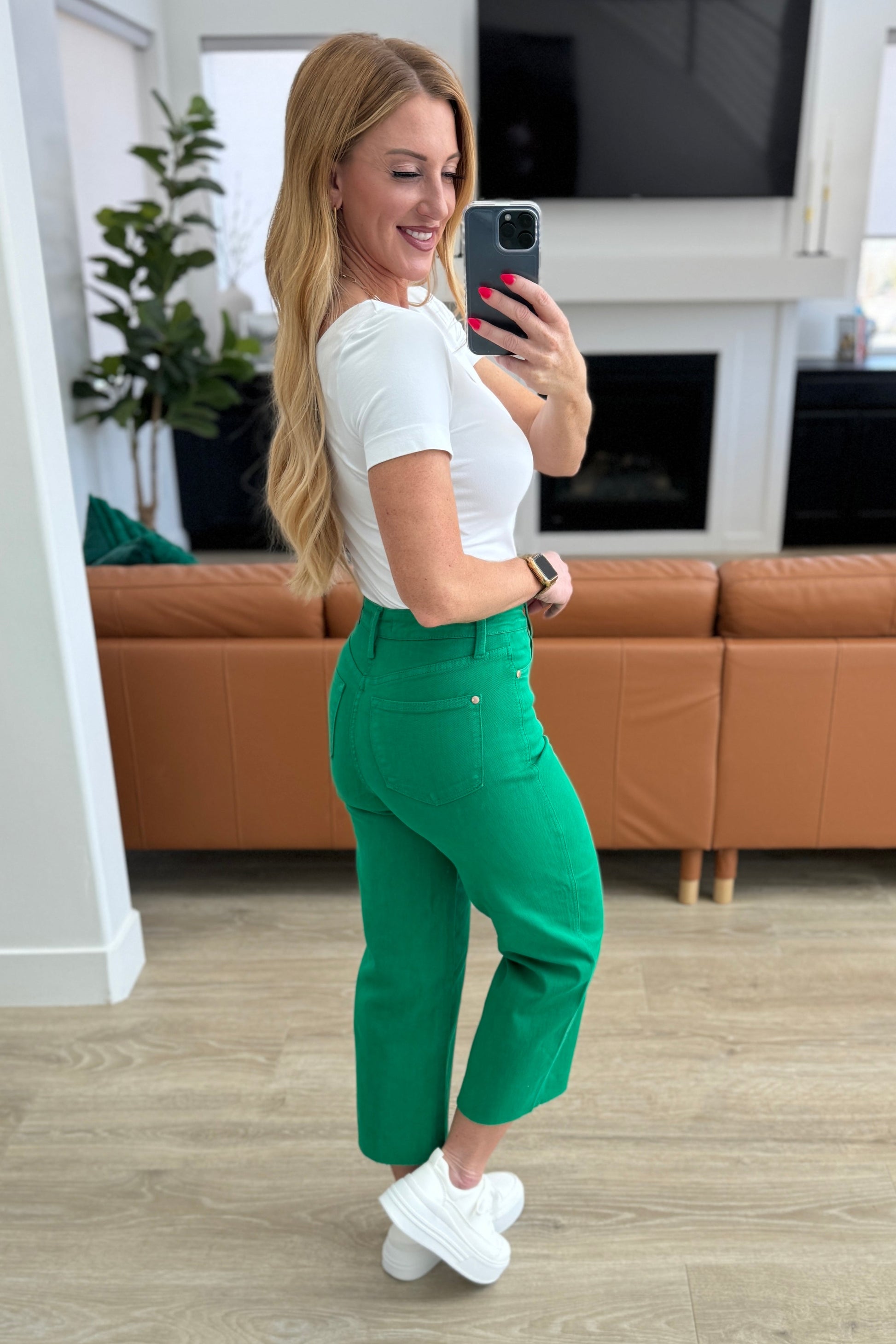 Lisa High Rise Control Top Wide Leg Crop Jeans in Kelly Green - Southern Divas Boutique