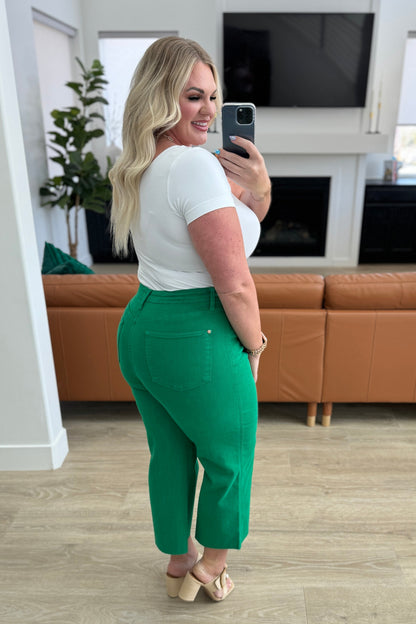 Lisa High Rise Control Top Wide Leg Crop Jeans in Kelly Green - Southern Divas Boutique