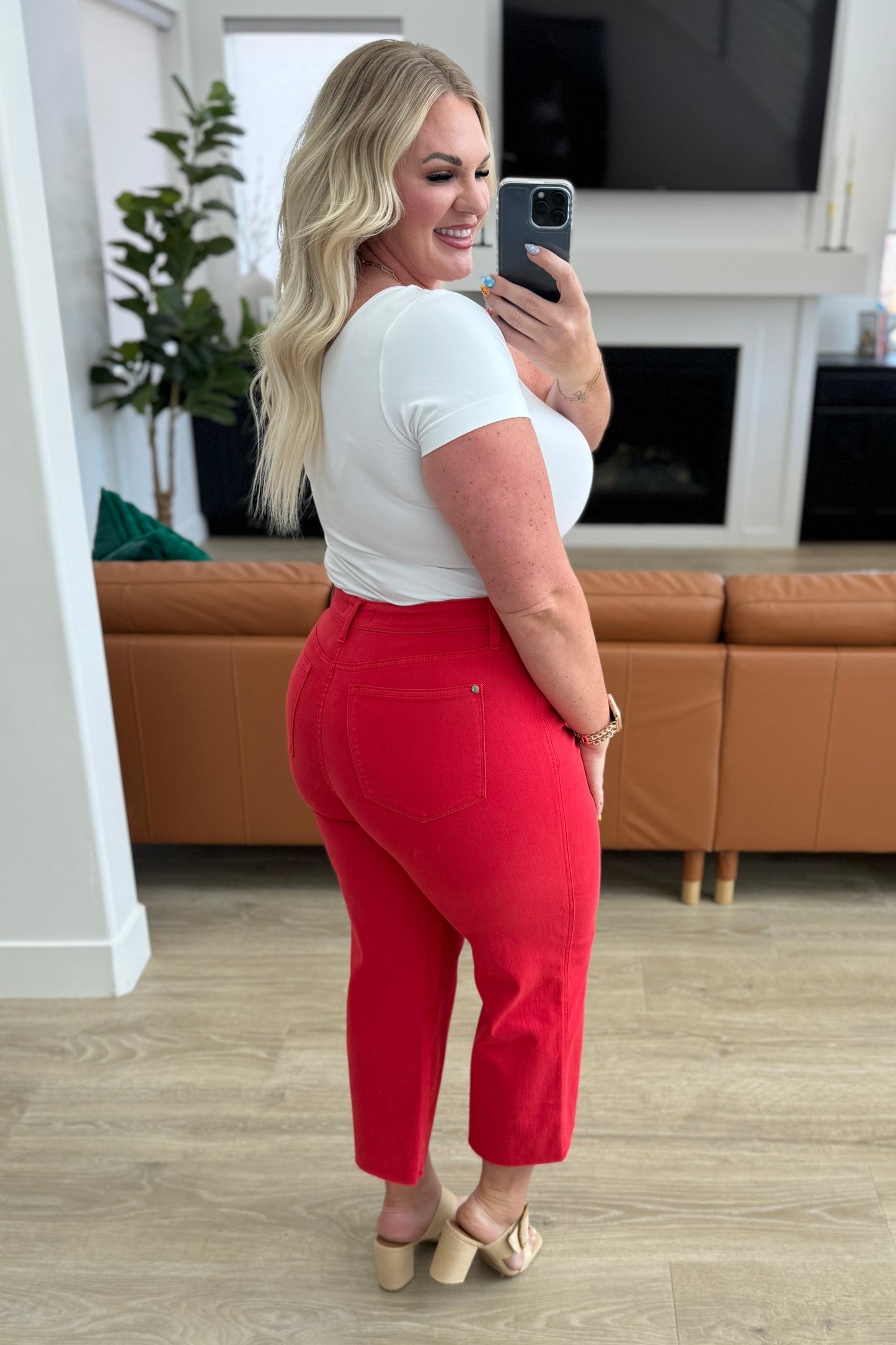 Lisa High Rise Control Top Wide Leg Crop Jeans in Red - Southern Divas Boutique