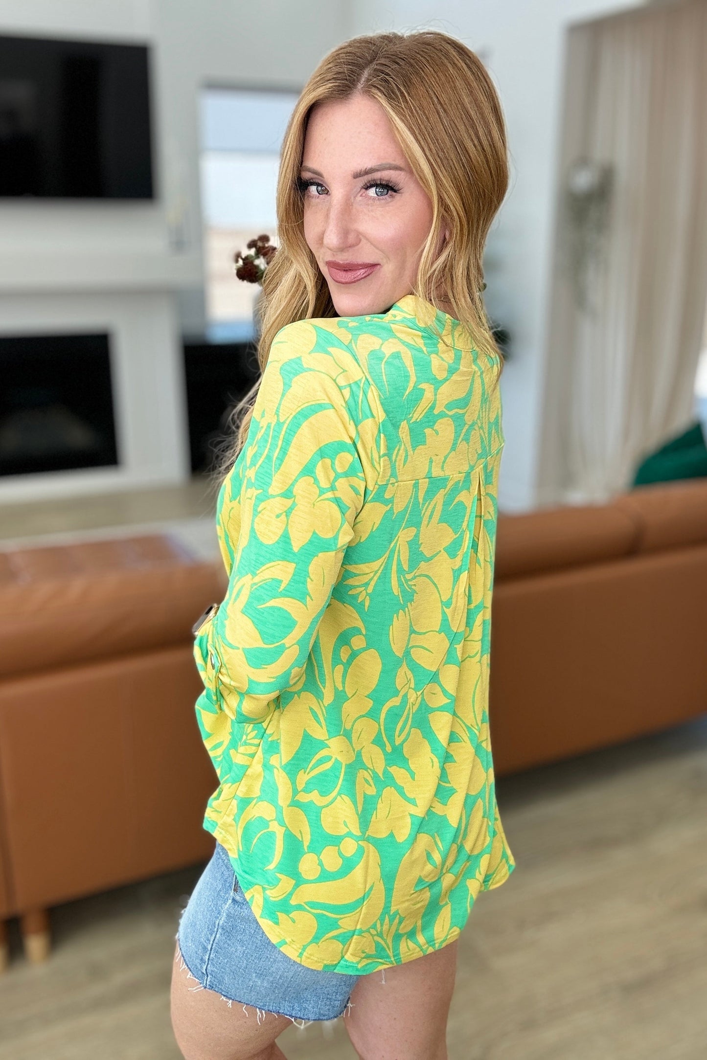 Elizabeth Top - Kelly Green and Yellow Floral - Southern Divas Boutique