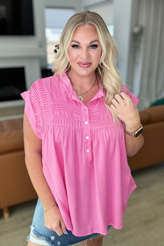 Pleat Detail Button Up Blouse in Pink Cosmos - Southern Divas Boutique