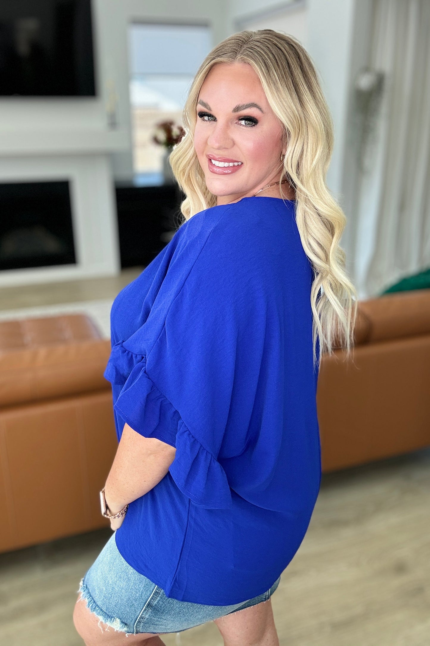 Airflow Peplum Ruffle Sleeve Top in Royal Blue - Southern Divas Boutique
