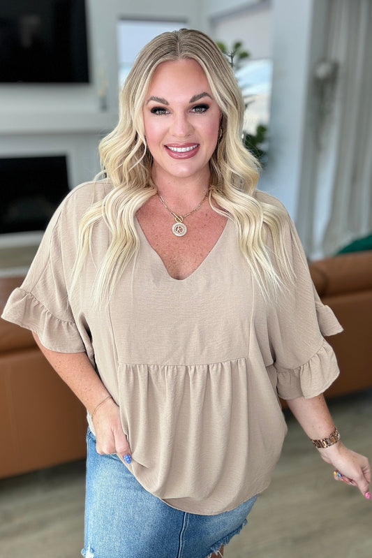 Airflow Peplum Ruffle Sleeve Top in Taupe - Southern Divas Boutique