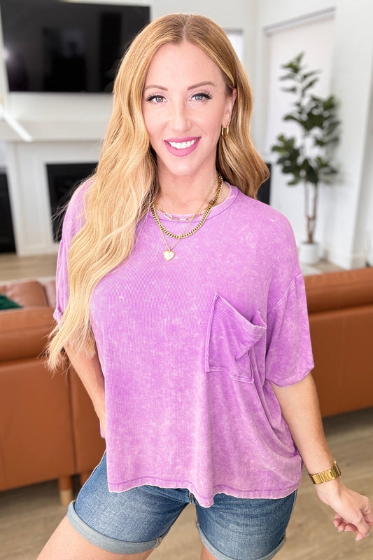 Mineral Wash Ribbed Round Neck Top in Bright Violet - Southern Divas Boutique