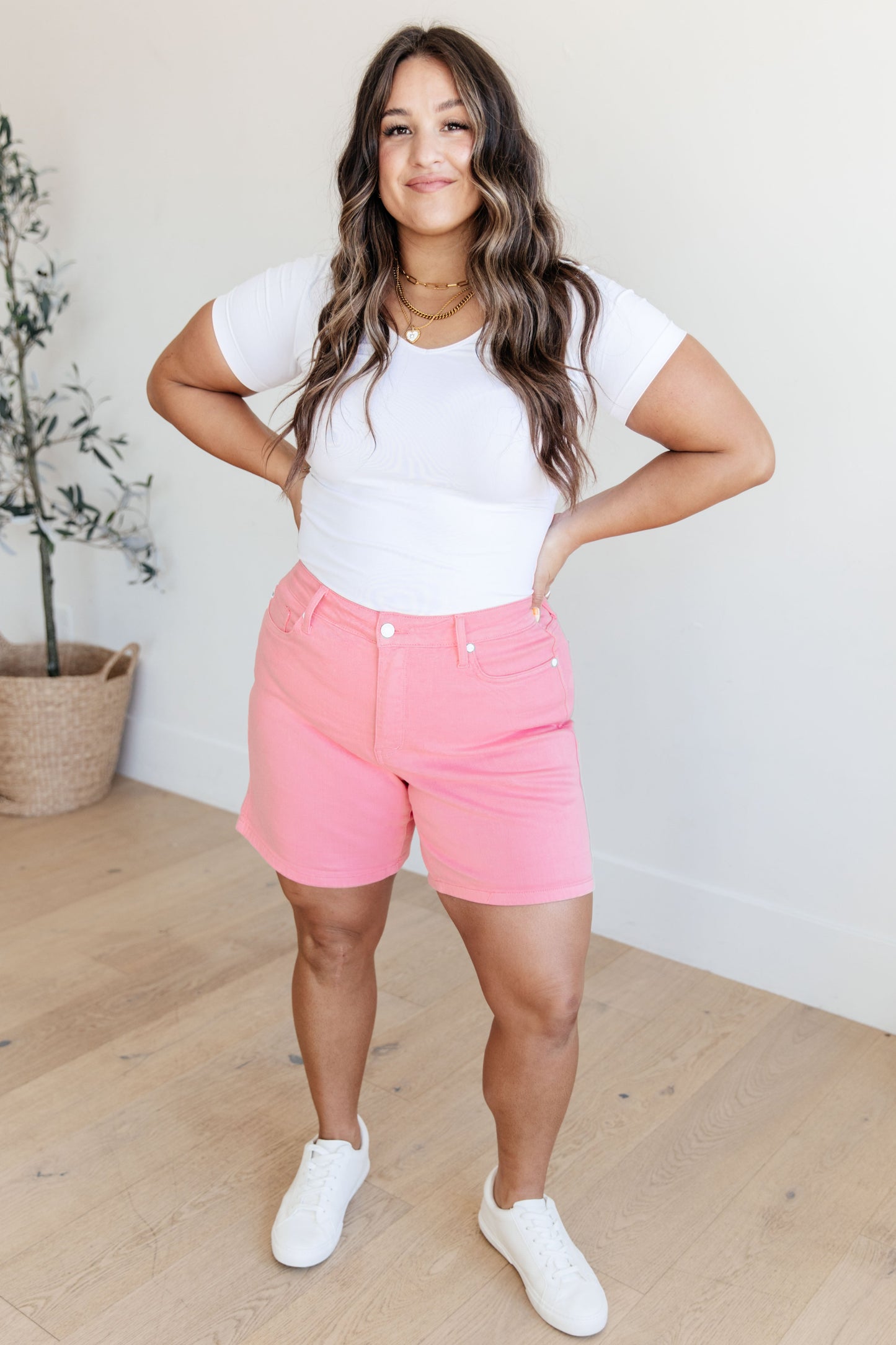 Jenna High Rise Control Top Cuffed Shorts in Pink - Southern Divas Boutique
