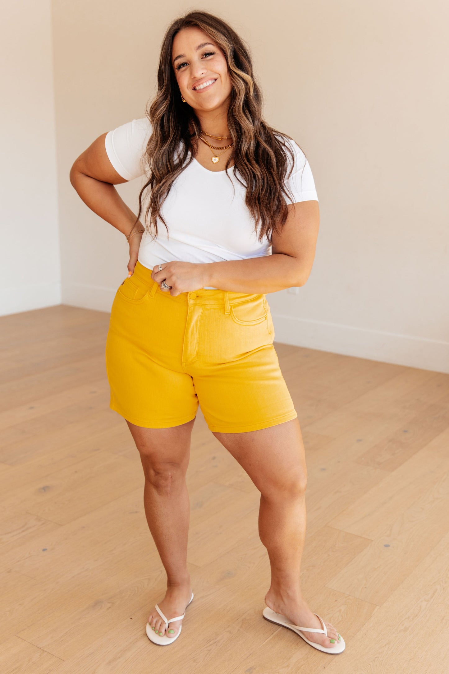 Jenna High Rise Control Top Cuffed Shorts in Yellow - Southern Divas Boutique