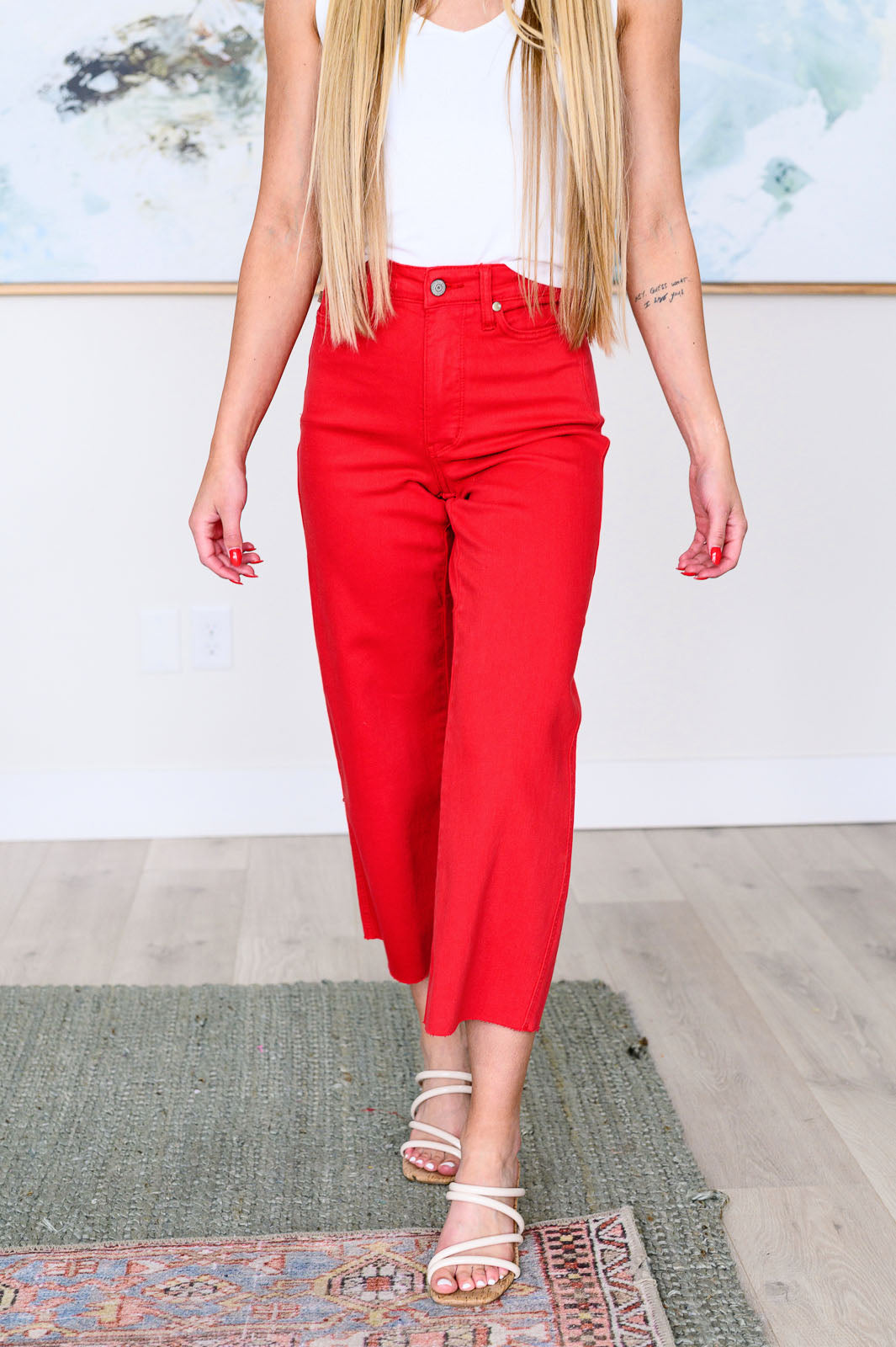 Lisa High Rise Control Top Wide Leg Crop Jeans in Red - Southern Divas Boutique