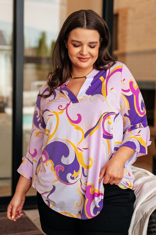 Lizzy Bell Sleeve Top in Regal Lavender and Gold - Southern Divas Boutique