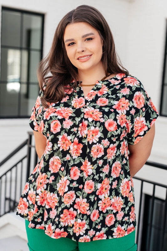 Lizzy Cap Sleeve Top in Black and Coral Floral - Southern Divas Boutique