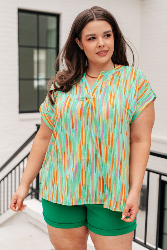 Lizzy Cap Sleeve Top in Lime and Emerald Multi Stripe - Southern Divas Boutique