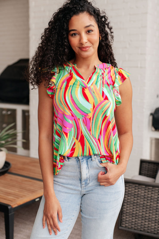 Elizabeth Flutter Sleeve Top -  Green Multi Abstract Stripe - Southern Divas Boutique