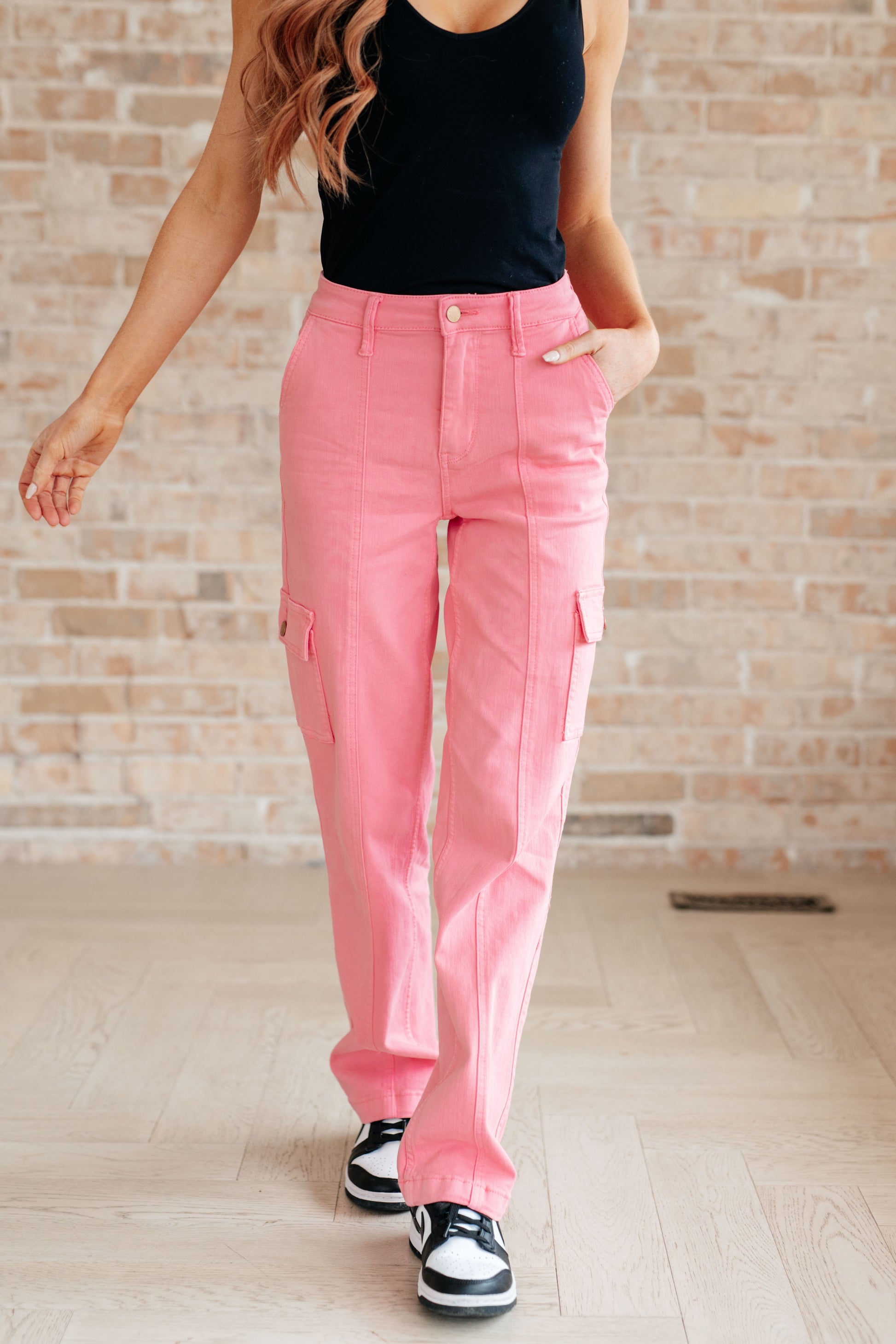 Peggy High Rise Cargo Straight Jeans in Pink - Southern Divas Boutique
