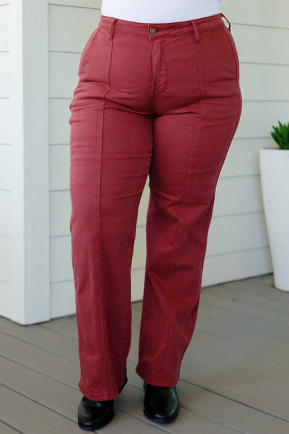 Phoebe High Rise Front Seam Straight Jeans in Burgundy - Southern Divas Boutique
