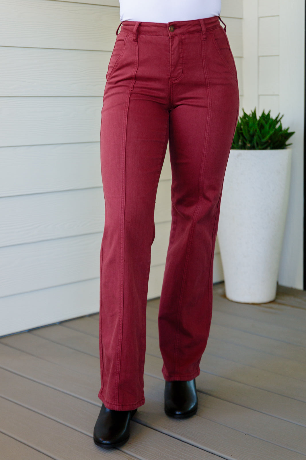 Phoebe High Rise Front Seam Straight Jeans in Burgundy - Southern Divas Boutique