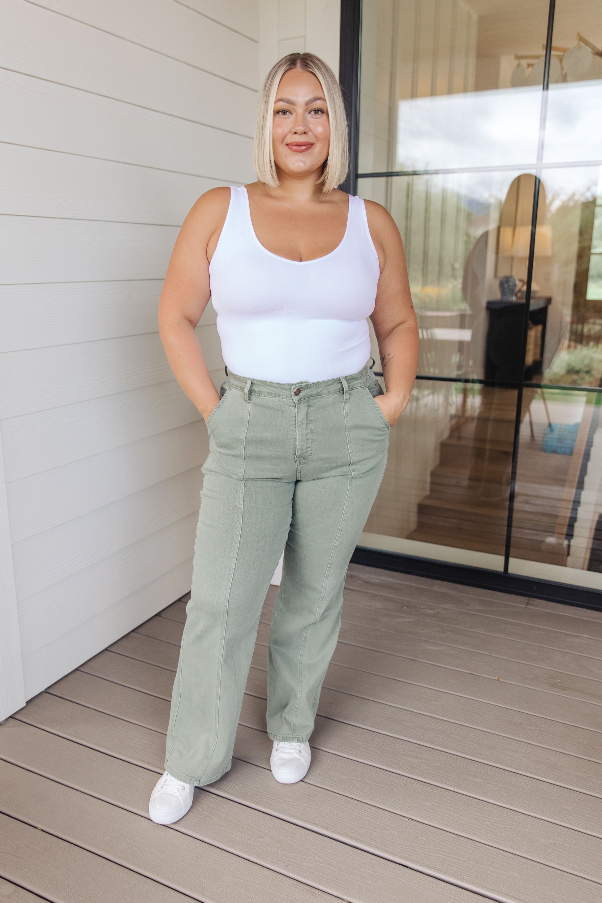 Phoebe High Rise Front Seam Straight Jeans in Sage - Southern Divas Boutique