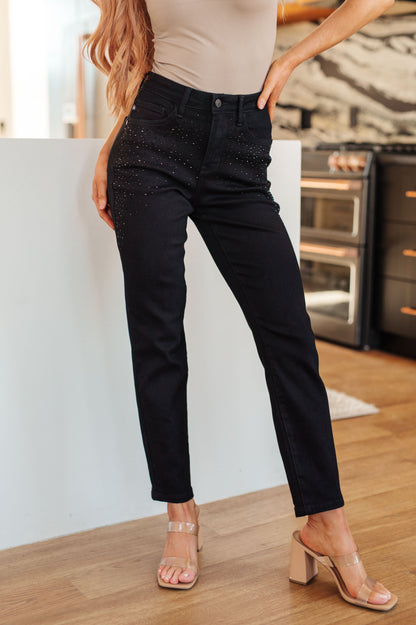 Reese Rhinestone Slim Fit Jeans in Black - Southern Divas Boutique