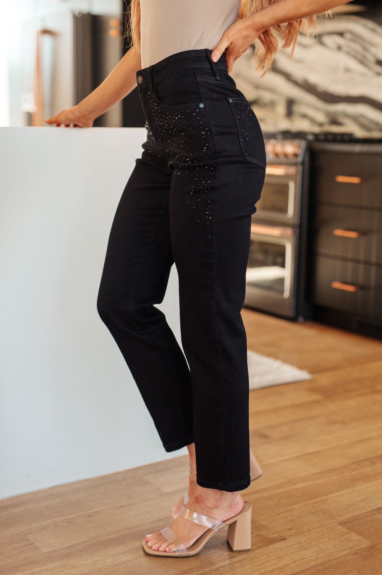 Reese Rhinestone Slim Fit Jeans in Black - Southern Divas Boutique