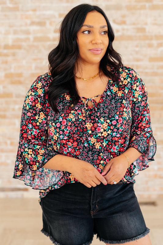 Willow Bell Sleeve Top in Black Multi Ditsy Floral - Southern Divas Boutique