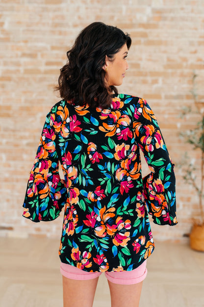 Willow Bell Sleeve Top in Black and Emerald Floral - Southern Divas Boutique