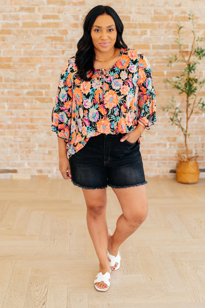 Willow Bell Sleeve Top in Black and Persimmon Floral - Southern Divas Boutique