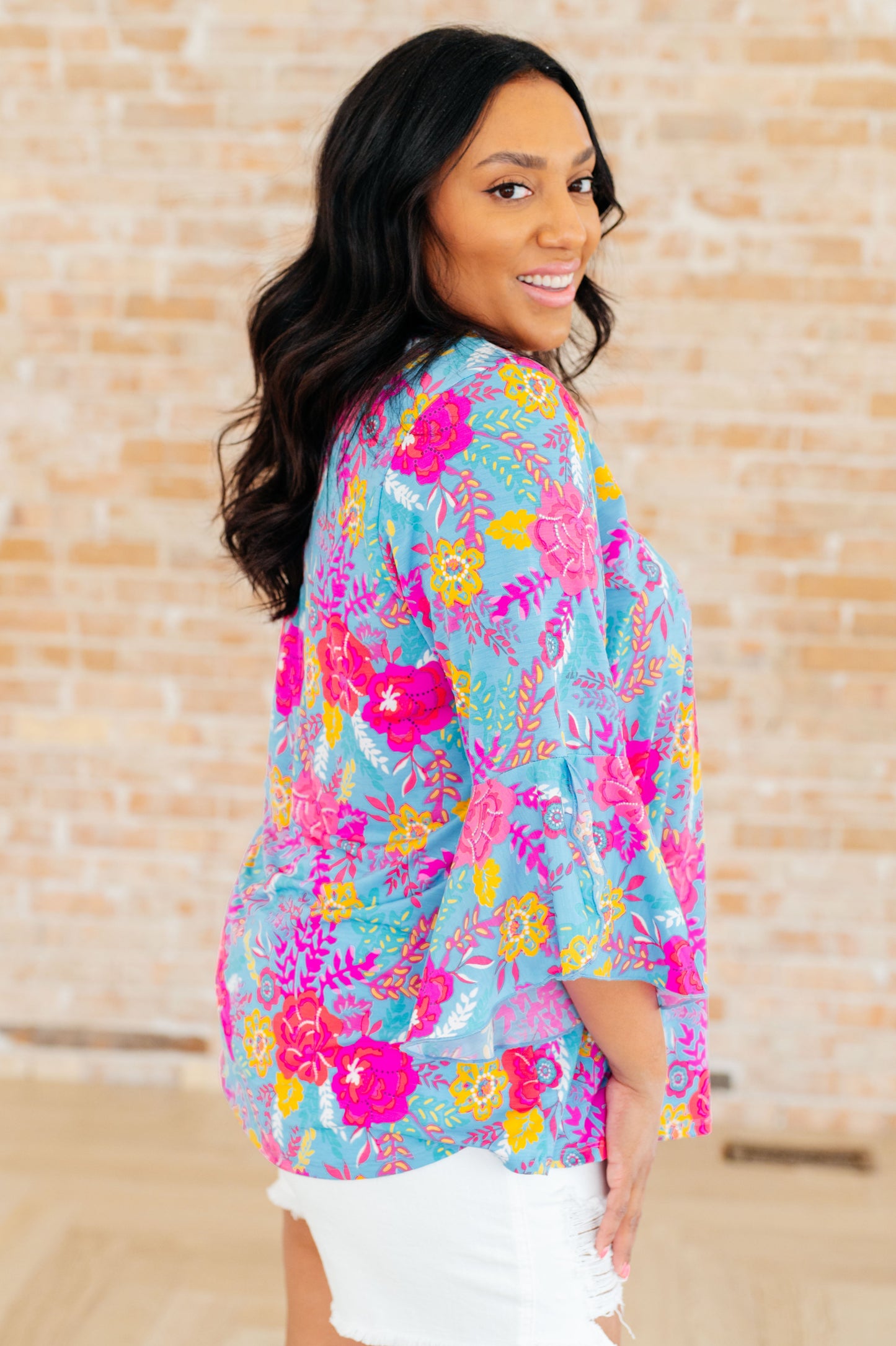 Willow Bell Sleeve Top in Bright Blue Floral - Southern Divas Boutique